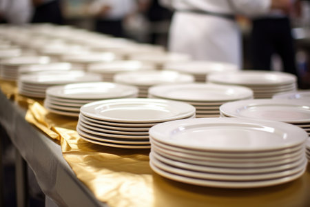rows of dinner plates waiting to be served, created with generative aiの素材