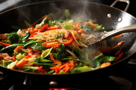 close up shot of stir frying vegetables in a wok, created with generative aiの素材