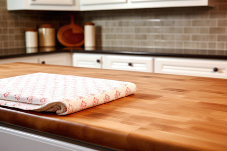 a butcher block countertop with wooden rolling pin, created with generative aiの素材