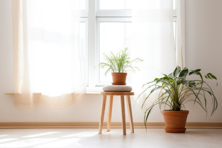 bright room with large window, a wooden stool and a plant, created with generative aiの素材