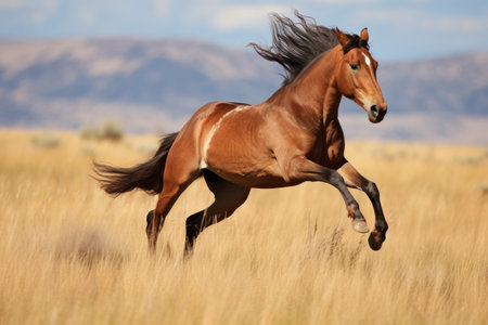 wild horse kicking backwards in open grassland, created with generative aiの素材