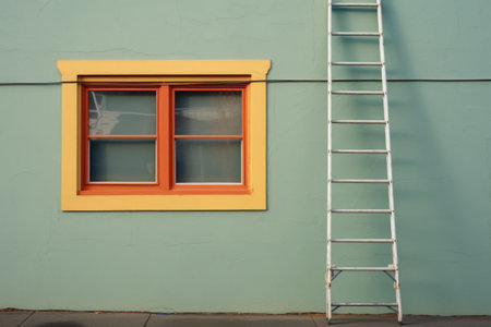 a ladder leaning against a newly painted window frame, created with generative aiの素材