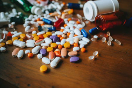 pills of various sizes, colors and shapes scattered on table, created with generative aiの素材