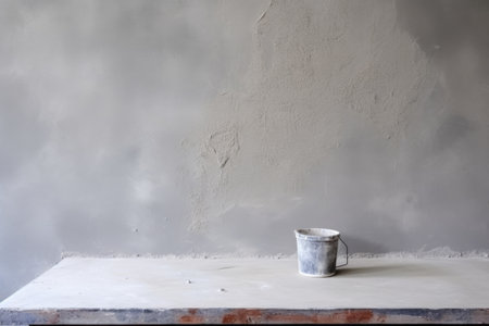 a wall freshly plastered, cement trowel beside it, created with generative aiの素材