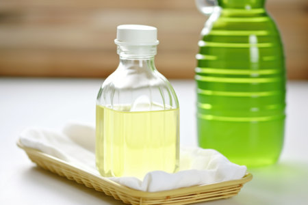 a close-up of a natural dish soap bottle next to a dish rack, created with generative aiの素材
