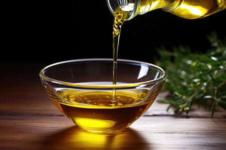 olive oil pouring into a small glass bowl, created with generative aiの素材