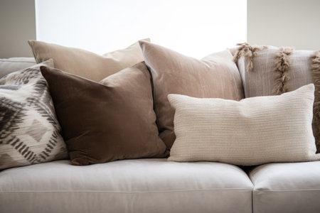 a couch with several throw pillows in neutral tones, created with generative aiの素材