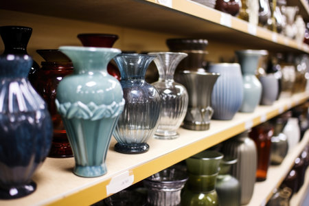 close-up of urns on a shelf in a store, created with generative aiの素材