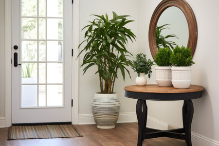 entryway with a potted plant and a round table, created with generative aiの素材