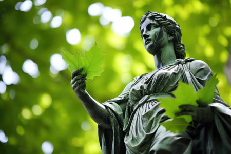justice statue with a green leaf in the background, created with generative aiの素材