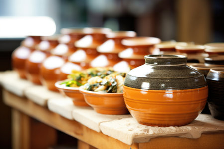 a korean kimchi jar amid traditional earthenware pots, created with generative aiの素材