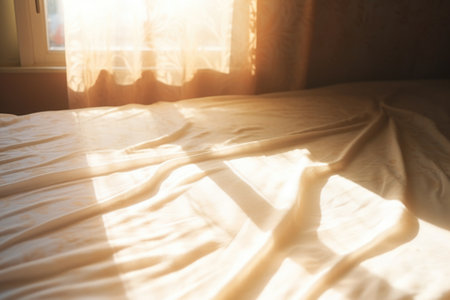 an empty side of a double bed in the morning light, created with generative aiの素材