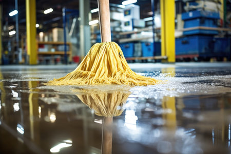 wet mop cleaning up a spill on a warehouse floor, created with generative aiの素材