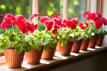 potted geraniums lined up on a sunlit patio, created with generative aiの素材