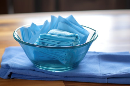 blue cleaning cloths disinfected in a bowl of sanitizer, created with generative aiの素材