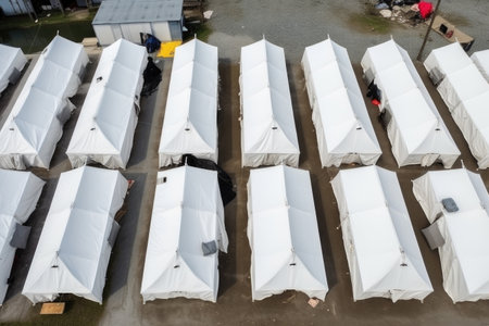 top view of monochrome refugee tents arranged into rows, created with generative aiの素材