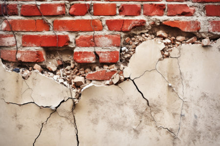 an old cracked brick wall being repaired with fresh bricks, created with generative aiの素材