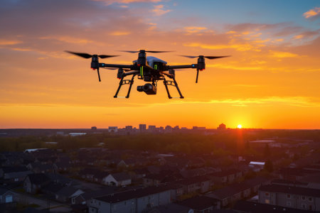 drone hovering over a cityscape at sunset, created with generative aiの素材