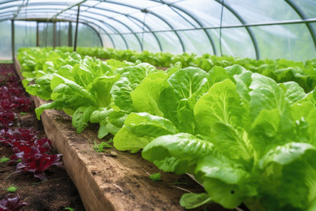 close-up of freshly grown vegetables inside a greenhouse, created with generative aiの素材