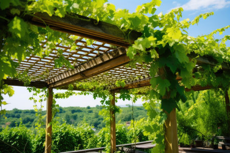 a vertical view of a wooden pergola covered with vines, created with generative aiの素材
