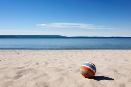 deserted beach with a lone beach ball, created with generative aiの素材