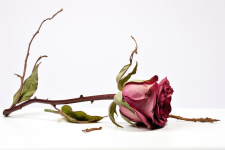 single withered rose against a white background, created with generative aiの素材