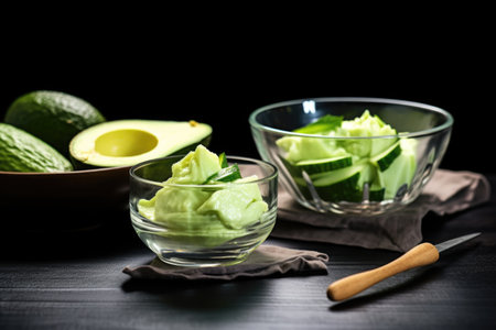 half-sliced avocado with a spoon and bowl nearby, created with generative aiの素材