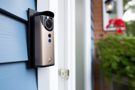 smart doorbell cam beside a front door, created with generative aiの素材