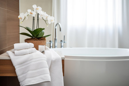 a contemporary bathroom setup with a soaking tub, fluffy towels, and cosmetics, created with generative aiの素材
