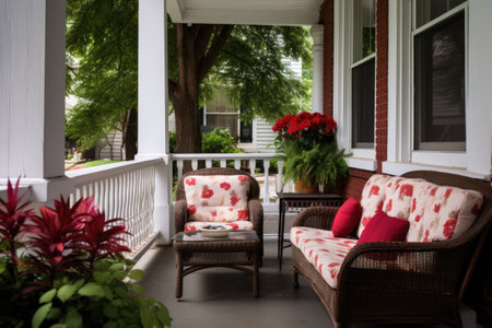 front porch decorated with an inviting seating area, created with generative aiの素材