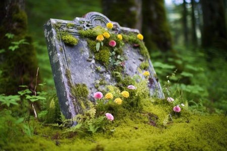 gravestone covered with moss surrounded by wildflowers, created with generative aiの素材