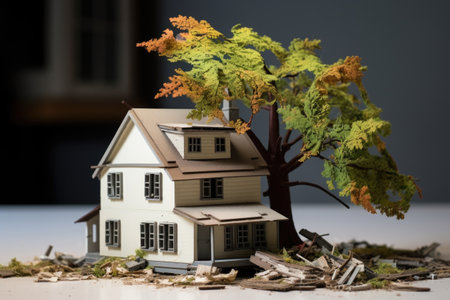 picture of fallen miniature tree on a model house, created with generative aiの素材