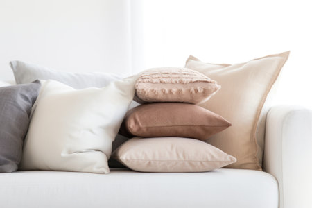 soft plush pillows piled on a minimalist white couch, created with generative aiの素材