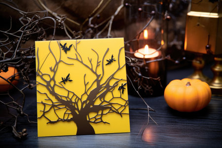single yellow-colored halloween themed invitation on a metal surface, created with generative aiの素材