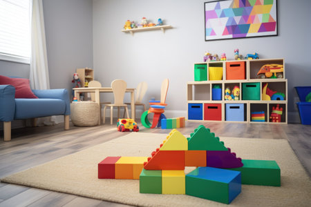 gender-neutral room with colorful toy blocks scattered, created with generative aiの素材