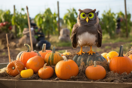 owl-shaped scarecrow among squashes, created with generative aiの素材