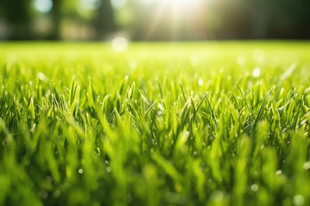 luxuriously green lawn close up under sunlight, created with generative aiの素材