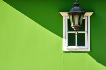 a lantern style porch light against a green, painted wall, created with generative aiの素材