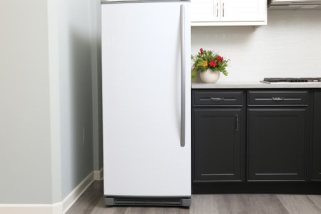 upright freezer with closed doors in a home setting, created with generative aiの素材
