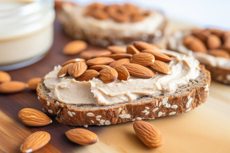 close-up of almond butter spread on whole grain toast, created with generative aiの素材