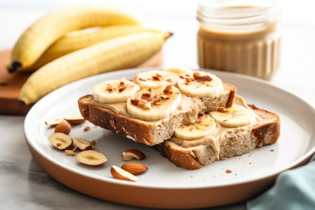 toast with almond butter and sliced bananas on a plate, created with generative aiの素材