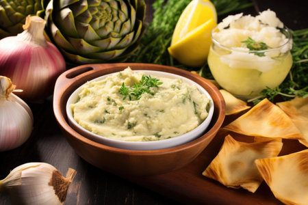 artichoke dip in a bowl surrounded by fresh artichoke hearts, created with generative aiの素材