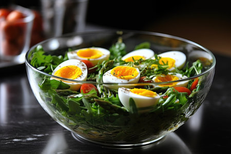quail egg and asparagus salad in a clear glass dish, created with generative aiの素材