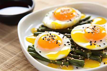 cooked asparagus and quail eggs topped with sesame seeds, created with generative aiの素材
