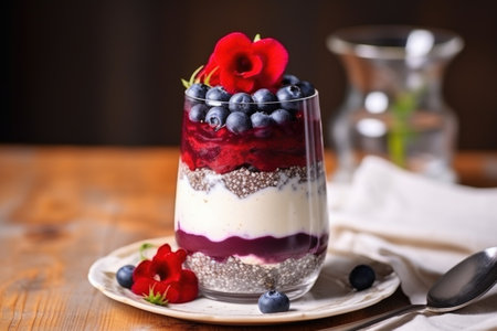 parfait layered in a transparent tulip glass with blueberry and chia seeds, created with generative aiの素材