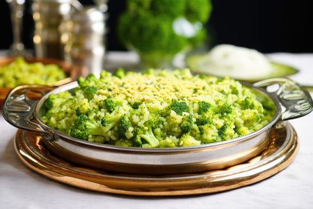 broccoli rice serving on a round mirrored dish, created with generative aiの素材