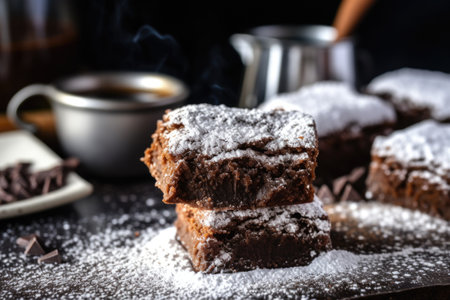 mocha brownies with a dusting of powdered sugar, created with generative aiの素材