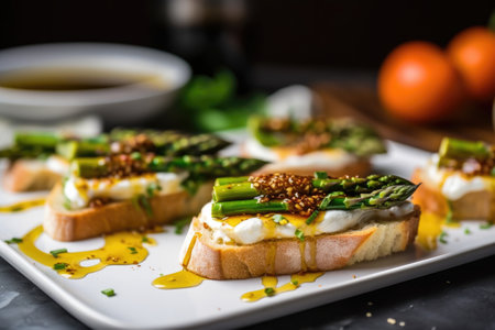 mozzarela melted over asparagus on bruschetta, created with generative aiの素材