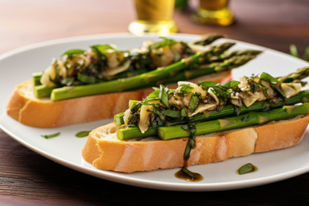 view of square-cut asparagus bruschetta with onions, created with generative aiの素材