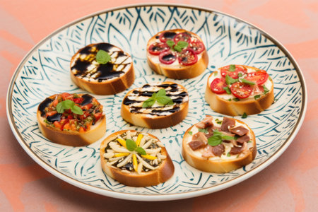 six pieces of bruschetta on a round dish, decorated with balsamic glaze patterns, created with generative aiの素材
